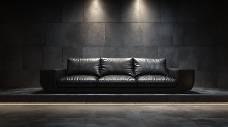 Black leather sofa on a raised platform in a luxury home interior with dramatic lighting and clean linesの素材