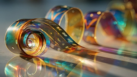 Artistic display of negative film spiraled creatively on a bright surfaceの素材