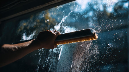 Action shot of a man swiping a squeegee across a soapy window with foam trailing behindの素材