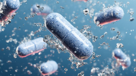 Capsules surrounded by sparkling water splashes in mid-air, health and wellness promotional themeの素材