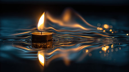 Artistic image of a lighter flame creating reflections on a glass surface below, moody lightingの素材