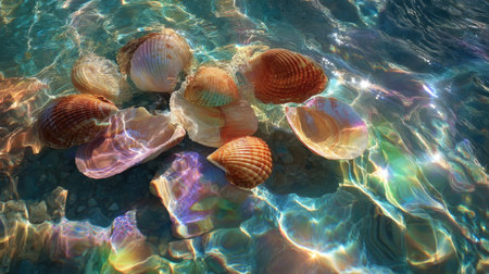 Artistic composition with multicolored seashells floating in rippling water with refracted sunlightの素材