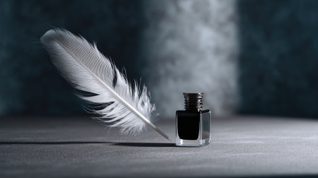 Artistic composition featuring a white feather beside a black ink bottle, minimalist backgroundの素材