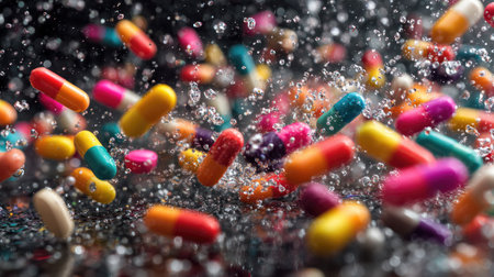 Burst of water droplets surrounding multicolored pills flying through the air, high-speed photography effectの素材
