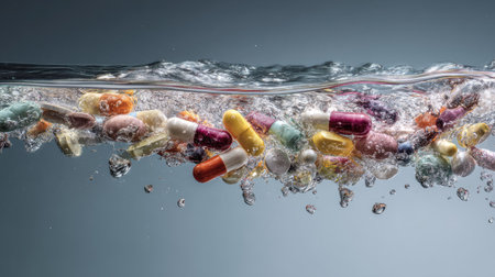Abstract image of various medicines and water flying together, high-speed photography with sharp detailsの素材