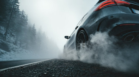 A car accelerating down a road, with visible smoke coming out of the exhaust pipe on a foggy dayの素材