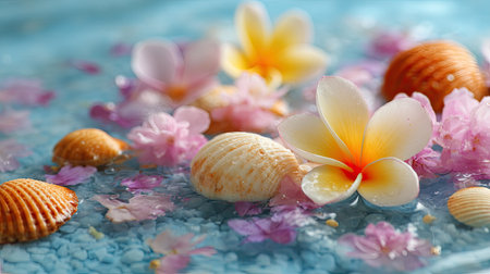 Brightly colored beach shells floating beside flower blossoms in a tranquil spa settingの素材