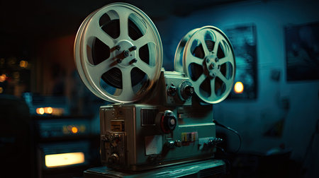 Classic reel-to-reel film projector running in a dark room with cinematic atmosphereの素材