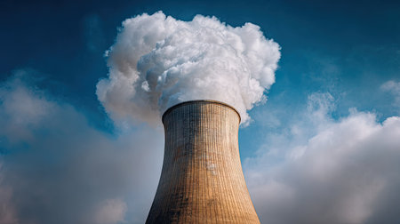 Close-up of a single massive power station chimney with smoke billowing upward, blue sky with light cloudsの素材