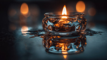 Artistic image of a lighter flame creating reflections on a glass surface below, moody lightingの素材