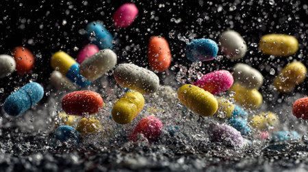 Burst of water droplets surrounding multicolored pills flying through the air, high-speed photography effectの素材