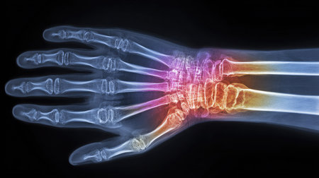 Anterior-posterior view of a wrist and hand X-ray with color-enhanced bone details for educational useの素材