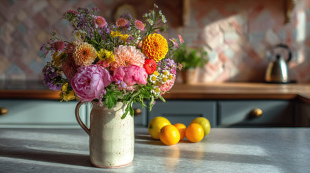 Bright and bold bouquet of summer flowers in a ceramic vase on a kitchen countertopの素材