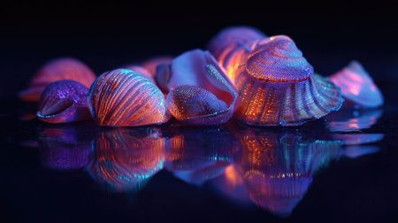 Artistic shot of glowing seashells floating in water under blacklight, creating a surreal marine effectの素材