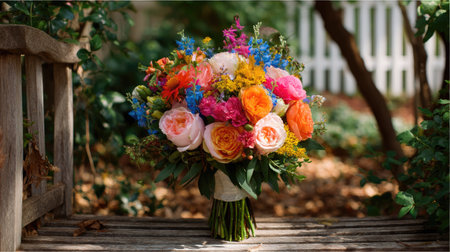 Bright, cheerful bouquet with wildflowers and garden roses in a backyard celebration settingの素材