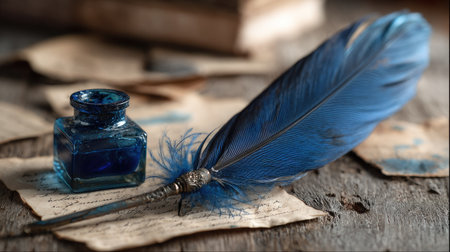 Blue feather quill and matching ink bottle on a wooden table with scattered loose paperの素材