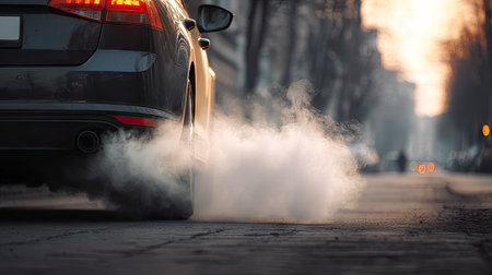 Close-up of a car emitting a cloud of smoke from its exhaust pipe while parked on a quiet streetの素材