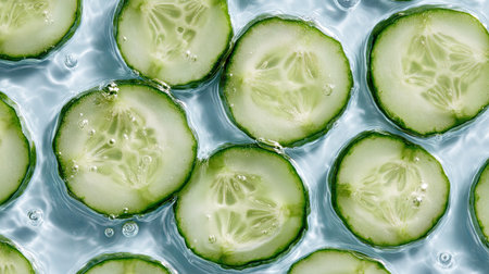 Clean and crisp image of cucumber slices arranged evenly on the surface of still water, overhead perspectiveの素材