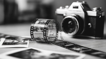 Black and white negative film roll partially unspooled with vintage camera in the backgroundの素材