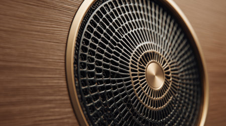 Close-up of a sleek modern loudspeaker with high-quality finish and intricate sound grill detailsの素材