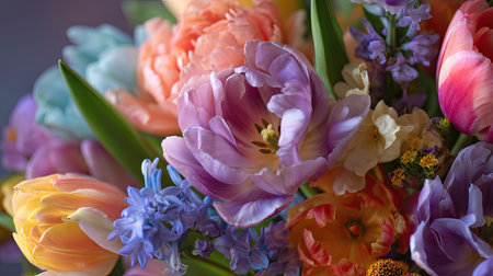 Close-up of a colorful flower bouquet featuring tulips, peonies, and wildflowers in soft morning lightの素材