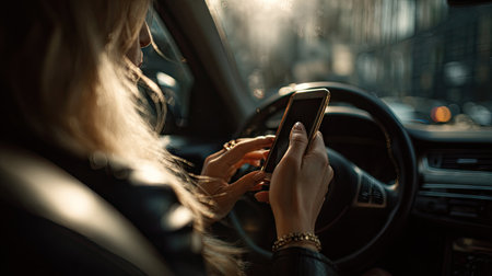 Close-up of a woman's hands holding a phone while seated in a parked car, touchscreen in focusの素材