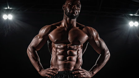 Bodybuilder posing with hands on hips, showing off well-defined abs, chest, and arms, stage lighting aboveの素材