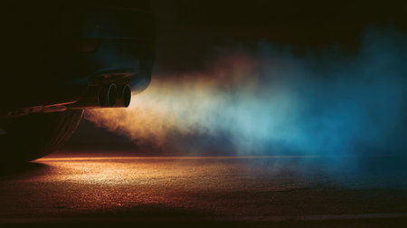 Close-up of a car exhaust pipe releasing smoke in a dark parking lot, creating a dramatic effectの素材