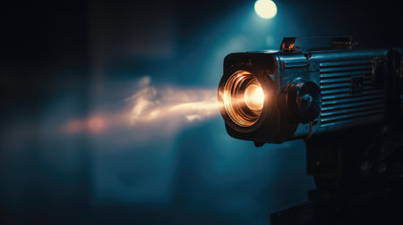 Close-up of a modern movie projector lens glowing in the dark, projecting a film onto the wallの素材