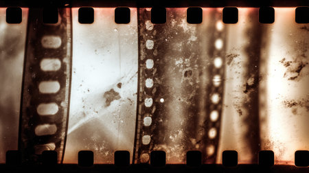 Close-up of photographic negative film with visible sprocket holes and reversed imagesの素材