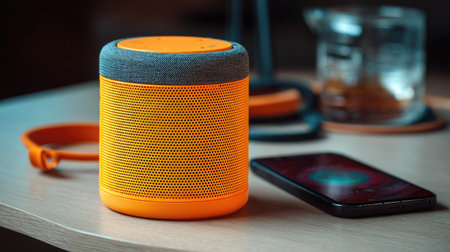 Close-up of a portable modern loudspeaker with vibrant color, resting on a table next to a smartphoneの素材