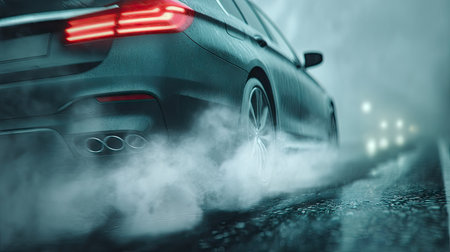 Car in motion releasing white steam from the exhaust pipe as it accelerates on a rainy roadの素材