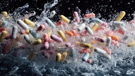 Airborne pills in chaotic arrangement with explosive water splash, symbolic of drug confusion or riskの素材