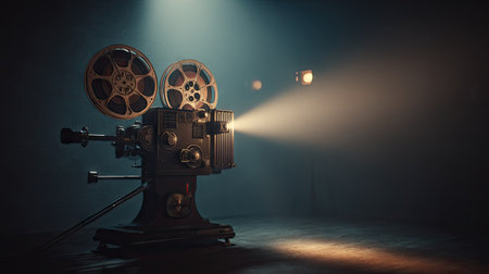 Classic reel-to-reel film projector running in a dark room with cinematic atmosphereの素材