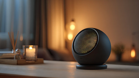 Black Bluetooth loudspeaker on a minimalist desk with soft lighting in the backgroundの素材
