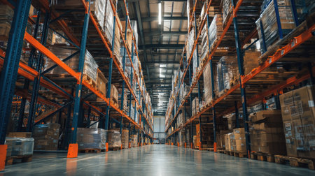 Clean, well-lit warehouse with orange and blue steel storage racks filled with palletsの素材