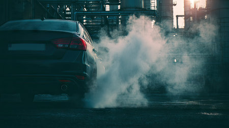 Car idling with visible smoke emitting from the exhaust pipe in an industrial urban settingの素材