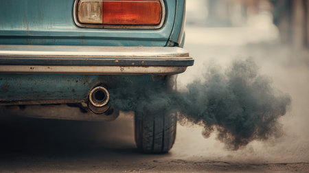 Black smoke emerging from the exhaust pipe of an old car, indicating mechanical issues or fuel problemsの素材
