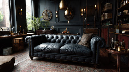 Black leather couch in a moody, masculine interior with dark wood tones and vintage decor accentsの素材
