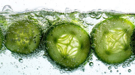 Artistic close-up of cucumber slices in water, air bubbles clinging to the edges, fresh and vibrantの素材
