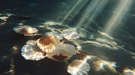 Close-up of bright seashells floating in a calm pool, with sunrays piercing the surface from aboveの素材