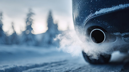Close-up of a car exhaust pipe with white smoke emerging during the winter cold, with snow in the backgroundの素材