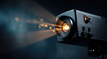 Close-up of a modern movie projector lens glowing in the dark, projecting a film onto the wallの素材