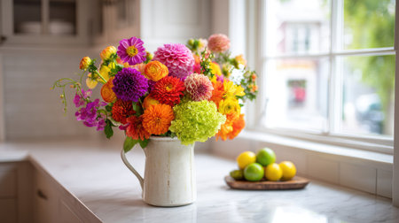 Bright and bold bouquet of summer flowers in a ceramic vase on a kitchen countertopの素材