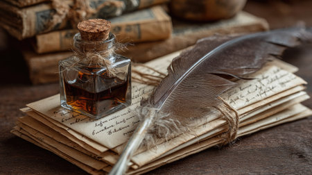 Brown feather quill and clear ink bottle placed on top of stacked vintage letters tied with stringの素材