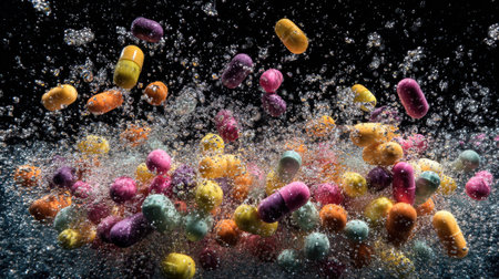 Burst of water droplets surrounding multicolored pills flying through the air, high-speed photography effectの素材