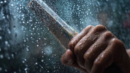 Close-up of a man's hand holding a squeegee, wiping down a glass window with visible dropletsの素材