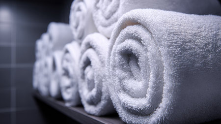 Close-up of fluffy white towel rolls arranged in a spa locker room settingの素材