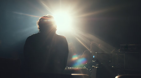 Back view of a projector casting visuals onto a screen with cinematic grain and lens flareの素材