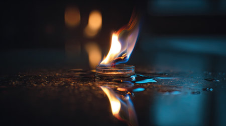 Artistic image of a lighter flame creating reflections on a glass surface below, moody lightingの素材